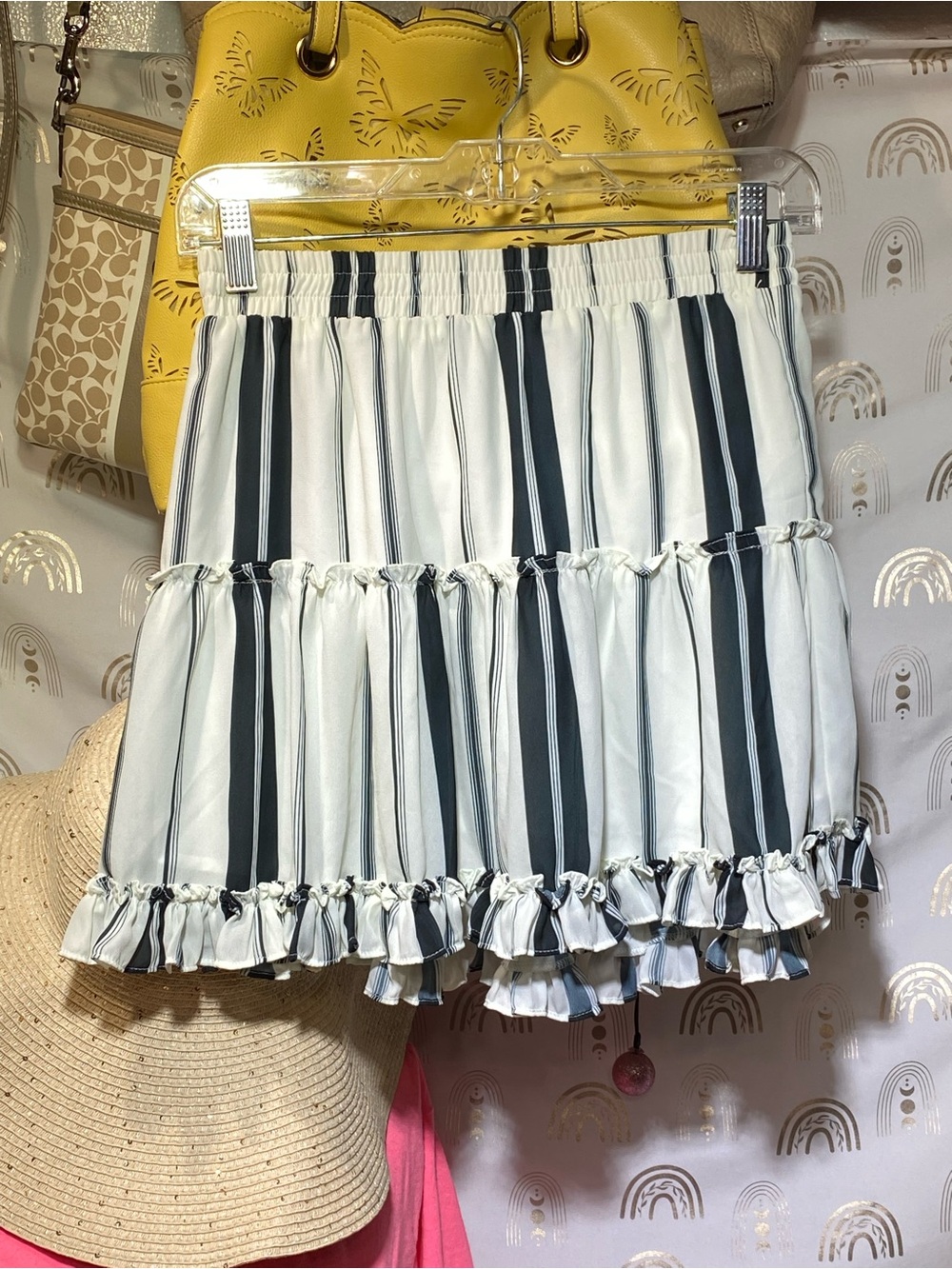 Aqua Black & White Striped Ruffle Tiered Mini Skirt
